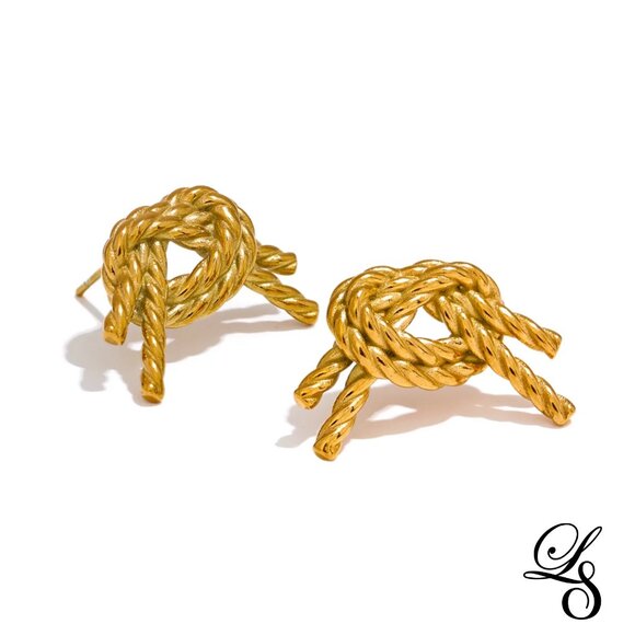 🪢New 18K Gold Textured Hollow Rope Knot Stud Earrings 🪢 - Picture 4 of 4